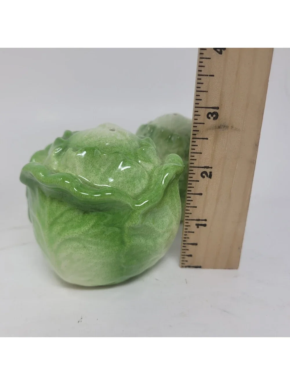 Vintage Ceramic Cabbage Lettuce Head Salt Pepper Shakers Majolica Style